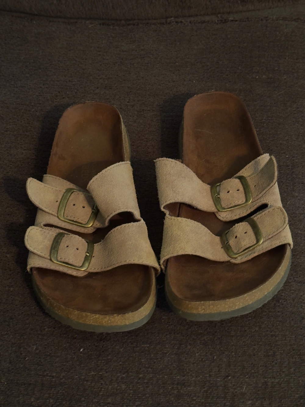 Suede Double-Buckle Slide Sandals in Taupe size 10